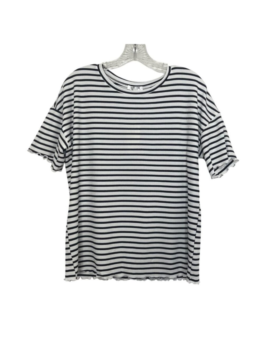 Ekouaer‎ Striped Short Sleeve Shirt Ruffle Hem Small Black White Summer Casual